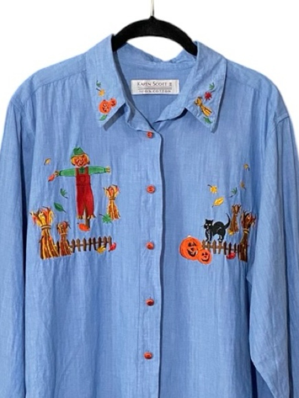 Vintage Chambray Halloween Pumpkin Shirt Sz 1X Embroidered Cotton Fall Teacher - Picture 3 of 8